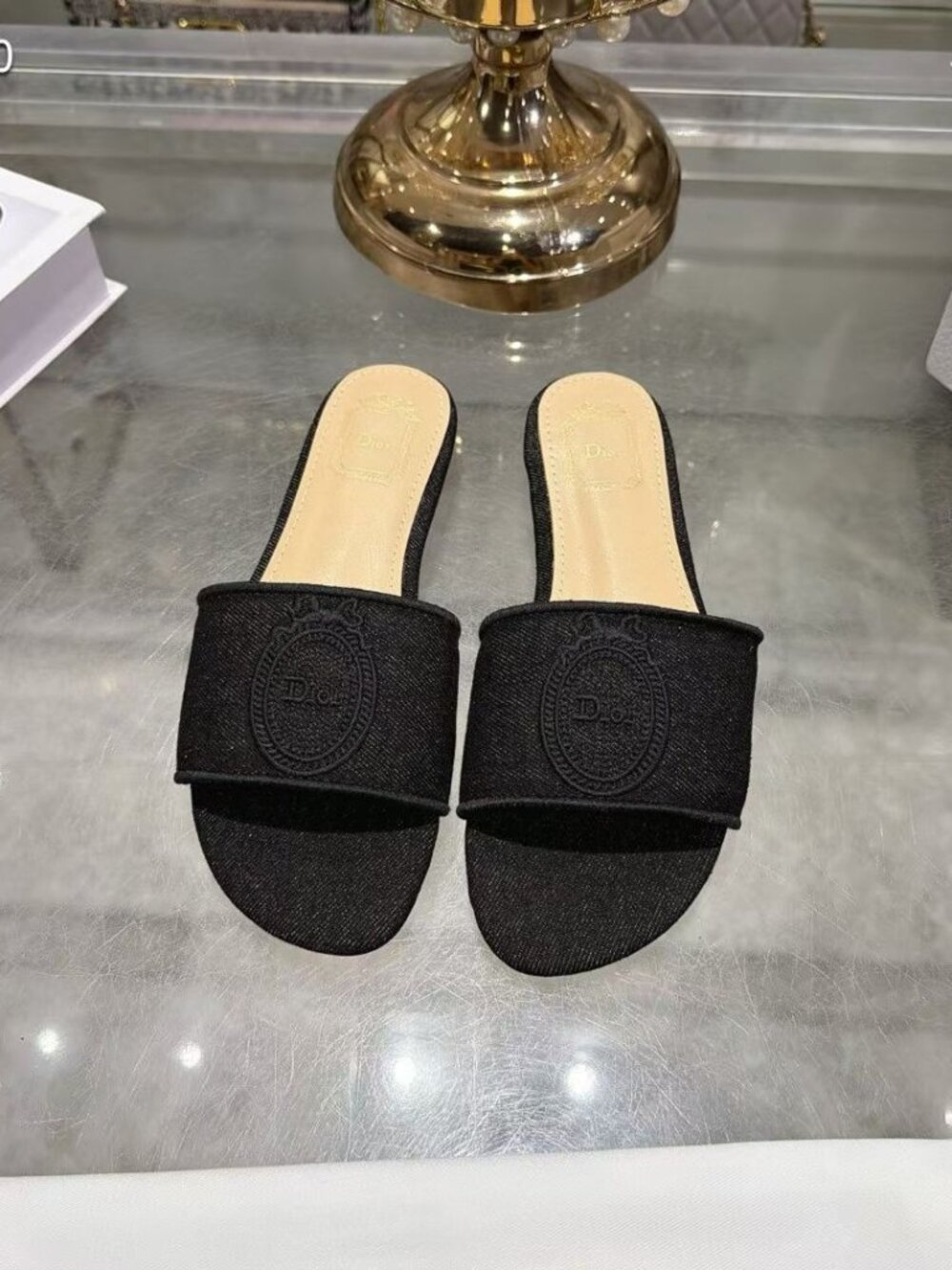 Christian Dior Black Denim Slide Sandals Embossed Crest Logo Flat Mule Slides